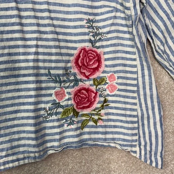 J. JILL Love Linen Top Women's Large Petite LP Stripe Floral Embroidered - Picture 2 of 7
